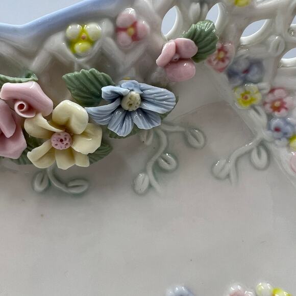 VTG Lace Lattice Textured Molded Milk Glass Painted Heart Flower Garden Decor - Picture 11 of 11